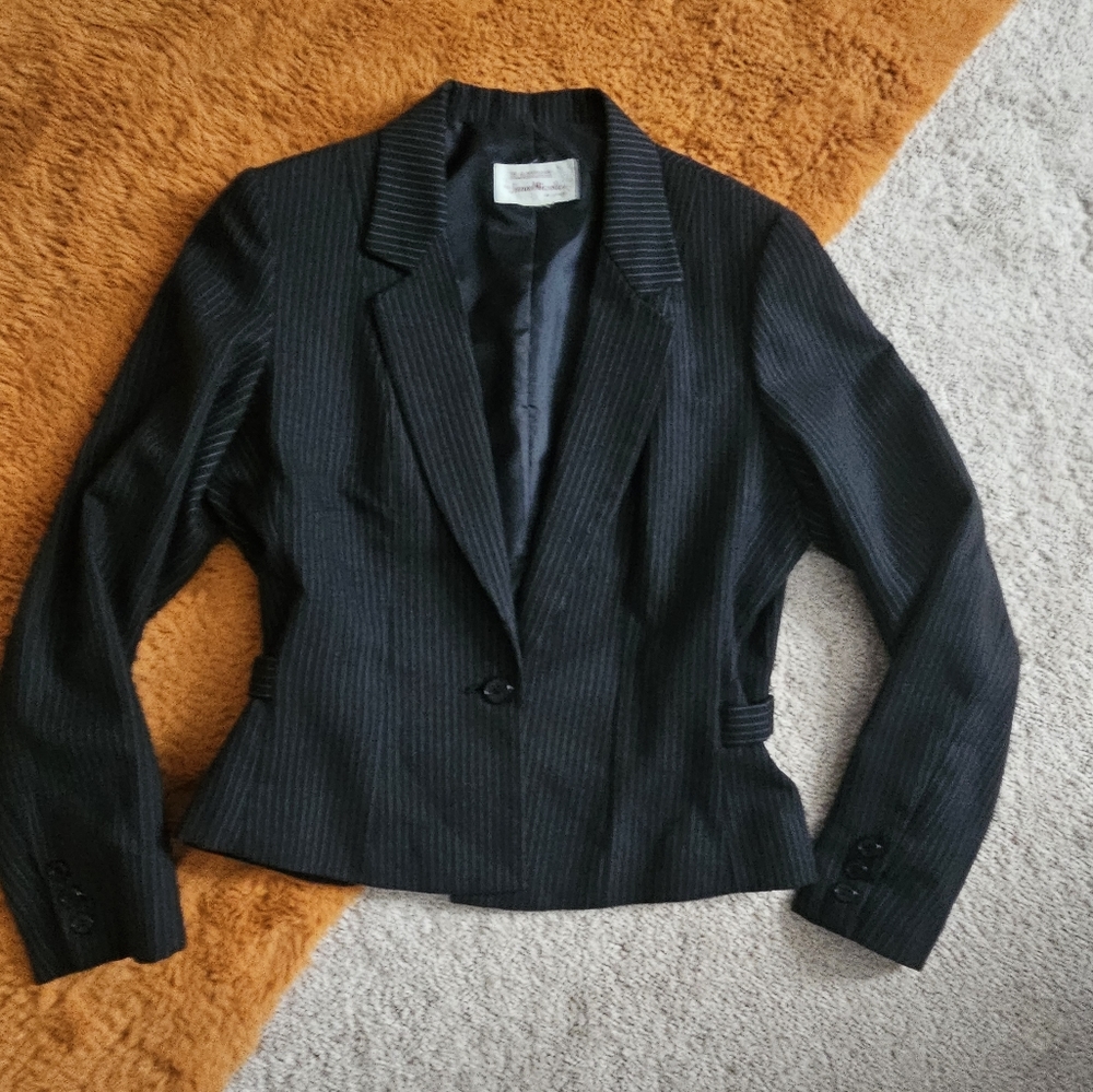 Vintage Pinstripe Blazer Dark Grey Black Fitted Jacket Size Medium 4 6 8